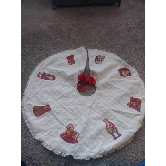 Vtg Christmas Tree Skirt Holly 2 Sided Soldier Doll House Jack Box Train Bear - Picture 1 of 6